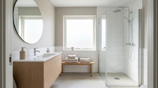 Weitwinkelaufnahme eines skandinavisch ruhigen Badezimmers in Weiß und Greige mit hellen Holzdetails und wenig Deko.
