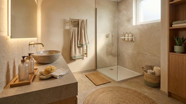 Weitwinkelbild eines warmen, natürlichen Badezimmers mit Bambusmatte, Körben und sanfter Beleuchtung.