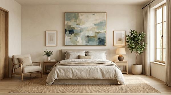 Großer Schlafzimmer-Ausschnitt mit einem ruhigen, großen Wandbild über dem Bett in sanften Farben.