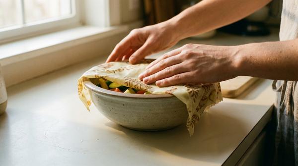 Du siehst Hände, die ein Bienenwachstuch über eine Schüssel drücken, damit es dicht abschließt.