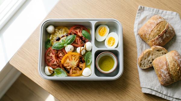 Lunchbox mit Tomate-Mozzarella, gekochten Eiern und separat verpacktem Brot.
