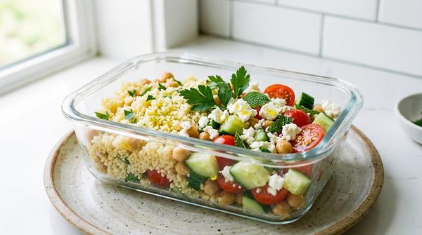 Couscous-Salat mit Kichererbsen, Gurke, Tomaten und Feta in einer Meal-Prep-Box.