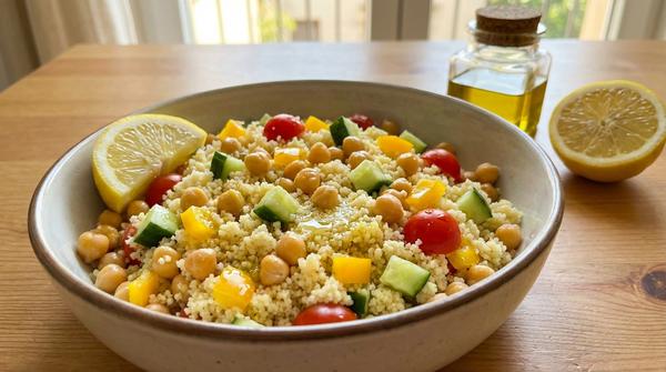 Couscous-Salat mit Kichererbsen, Gurke, Tomaten und Zitronenspalte in einer Schüssel.