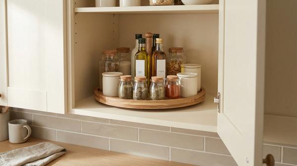Vorratsschrank mit drehbarem Tablett, auf dem Gewürze und Gläser ordentlich stehen.