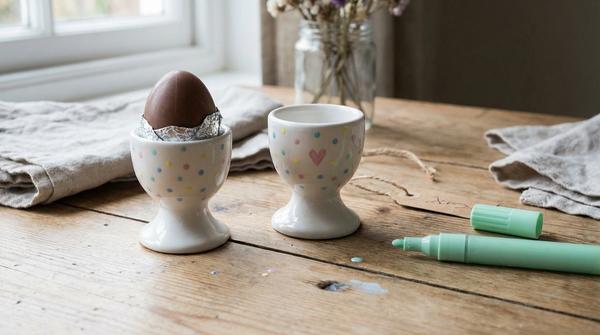 Bemalte Eierbecher mit Punktmuster, daneben ein Stift und ein kleines Schokoei als Deko.