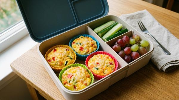 Herzhafte Eiermuffins mit Gemüse in Silikonförmchen in einer gesunden Kinder-Brotdose.
