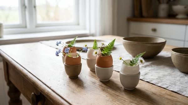Eierschalen in Eierbechern als Mini-Vasen mit kleinen Frühlingsblüten