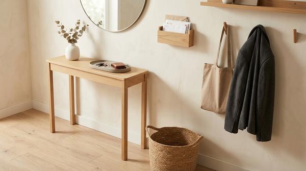 Eingangsbereich mit Ablageschale für Schlüssel, Briefhalter für Post und Haken für Tasche und Jacke.