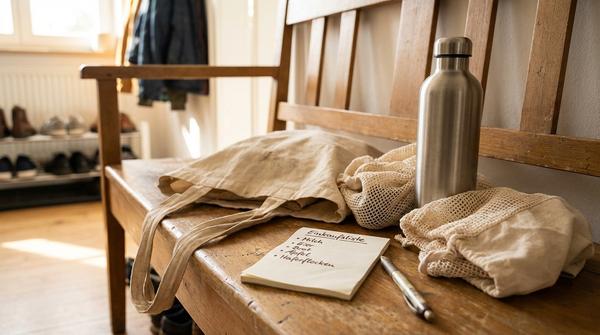 Einkaufstasche mit Liste, wiederverwendbaren Netzen und Edelstahl-Trinkflasche für stressfreieres Einkaufen.