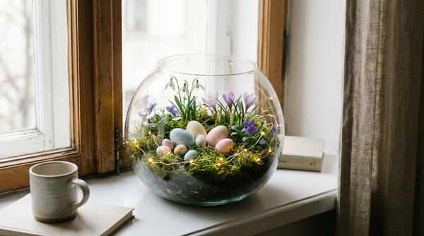 Glasgefäß auf der Fensterbank mit Moos, kleinen Ostereiern und Frühlingsblüten als Mini-Deko.