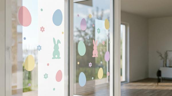 Oster-Fensterbilder aus Folie: Eier- und Hasenformen in Pastellfarben kleben sauber auf der Scheibe.