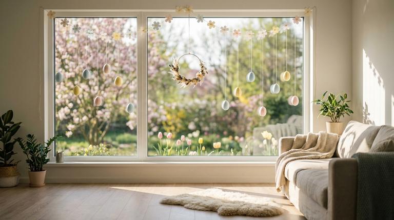 Helles Fenster mit schlichter Oster-Fensterdeko aus Papier-Eiern, Mini-Kranz und Girlande im Frühlingslicht.
