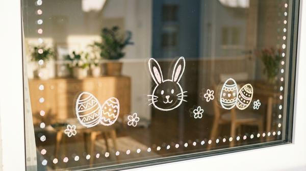 Fensterscheibe mit schlichten Osterzeichnungen aus Kreidemarker: Eier, Hase, kleine Blumen und Punkte.