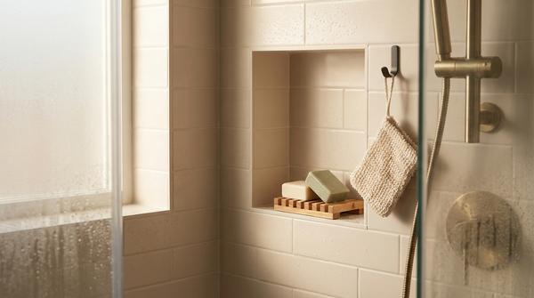 Du siehst festes Shampoo und Seife auf einer Ablage in der Dusche, ohne Plastikflaschen.