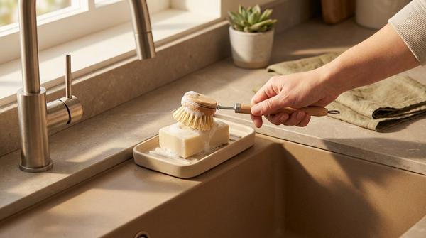 Du siehst feste Spülseife auf einer Ablage, während eine Spülbürste darüber gerieben wird.