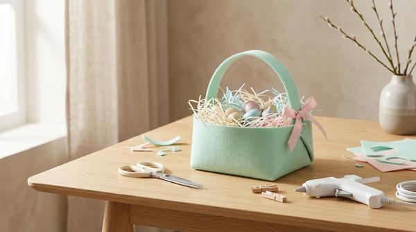 Ein kleines Osterkörbchen aus Filz ohne Nähen, mit geklebten Ecken und Filz-Henkel, dekoriert in Pastell auf einem Basteltisch.