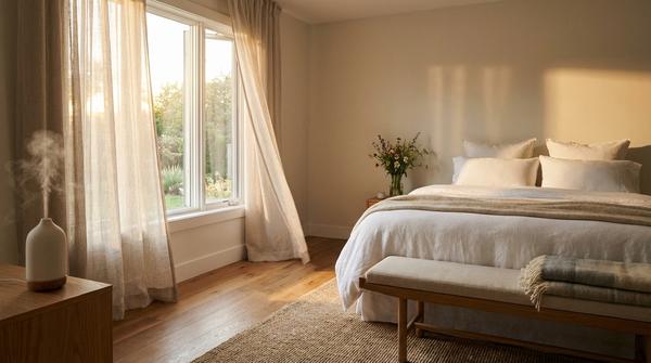 Weiter Schlafzimmer-Blick mit leicht geöffnetem Fenster, luftigen Vorhängen und kleinem Duftdiffusor am Nachttisch.