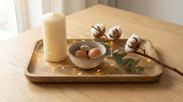 Deko-Tablett mit Kerze, Schale mit Eiern und Zweigen als einfacher Oster-Mittelpunkt.