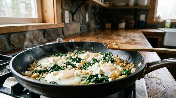 Gemüse-Ei-Pfanne mit Spinat und zerbröseltem Feta in einer großen Pfanne auf dem Herd.