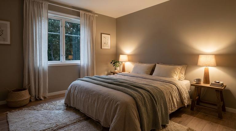 Großer Schlafzimmer-Ausschnitt mit warmem Licht, ruhigen Farben, gemütlicher Bettwäsche und weichen Textilien.