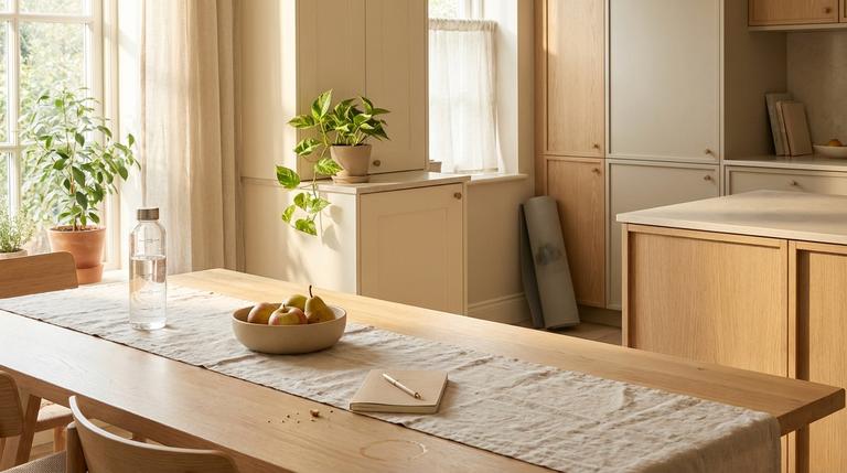 Weitwinkel-Foto einer warm-neutralen Küche am Morgen: Tisch mit Glas-Wasserflasche mit dezenten Markierungen, Obstschale, Notizbuch und Stift; im Hintergrund eine Yogamatte und zwei Zimmerpflanzen, sanftes Fensterlicht, aufgeräumt aber realistisch.