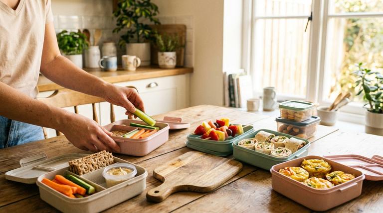 Mehrere gesunde, bunte Brotdosen für Kinder werden morgens am Küchentisch vorbereitet.