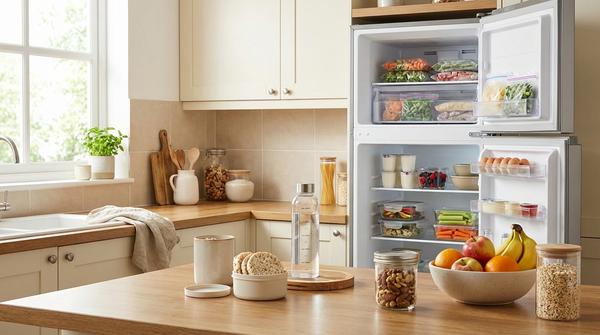 Weitwinkel-Foto einer hellen, modernen Küche bei Tageslicht: auf der Arbeitsplatte Obstschale, Nüsse im Glas, Reiswaffeln im schlichten Behälter, Haferflocken-Glas und Wasserflasche mit dezenten Linien-Markierungen; im Hintergrund offener Kühlschrank mit vorbereitetem Obst, Gemüse, Joghurt, Meal-Prep-Glasboxen und Eiern auf Augenhöhe sowie sichtbar geöffnetes Gefrierfach mit tiefgekühltem Gemüse.
