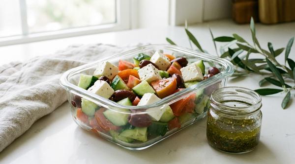 Griechischer Salat mit Gurke, Tomaten, Feta und Oliven in einer Meal-Prep-Box, Dressing separat.