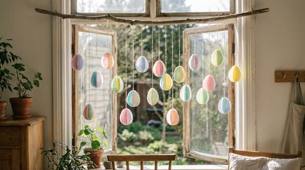 Hängende Papier-Eier aus Transparentpapier in Pastellfarben vor einem hellen Fenster.