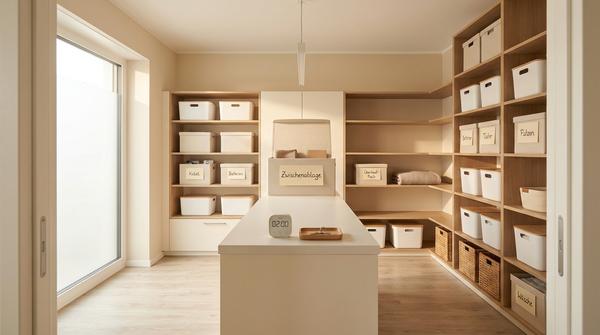 Zwischenablage-Box und kurzer Reset im Hauswirtschaftsraum mit Timer und aufgeräumten Flächen.