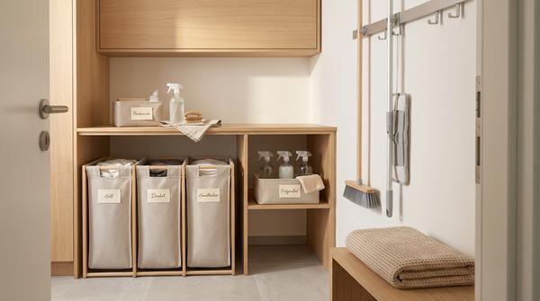 Hauswirtschaftsraum mit Wäschesortierer, Flecken-Ecke und aufgehängten Reinigungsgeräten.