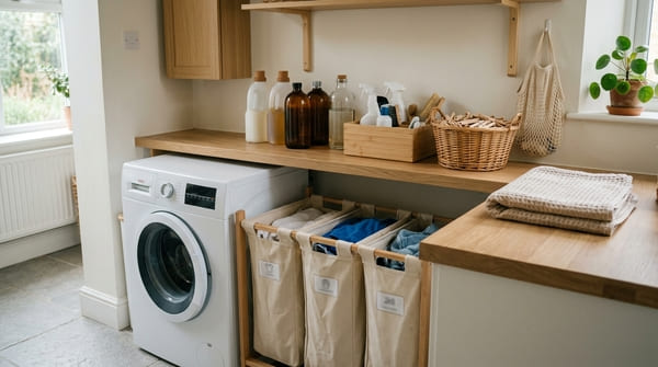Hauswirtschaftsraum mit Waschmaschine, Wäschesortierer, Waschmittel und Körben für Wäschezubehör
