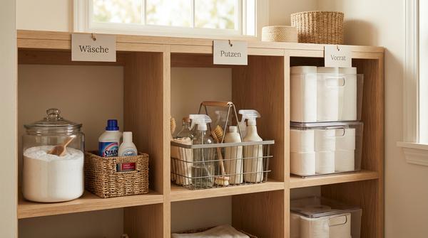 Regal im Hauswirtschaftsraum mit klaren Zonen für Wäsche, Putzen und Vorräte.