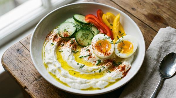 Schüssel mit herzhaft gewürztem Quark, Gemüse und halbierten Eiern, mit Olivenöl beträufelt.