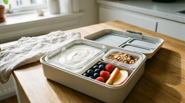 Joghurt mit Beeren und extra Crunch-Topping in separaten Behältern in der Brotdose.