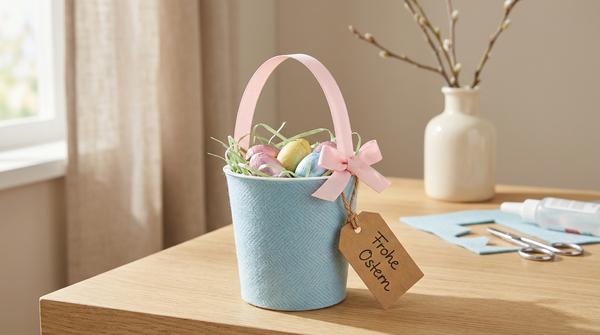 Ein kleiner Joghurtbecher als Osterkörbchen, beklebt mit Papier, mit Henkel und Papiergras, gefüllt mit Mini-Schokoeiern.