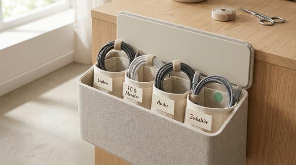 Aufgerollte Kabel mit Klettbindern in kleinen Taschen und einer Box neben einem Schreibtisch.