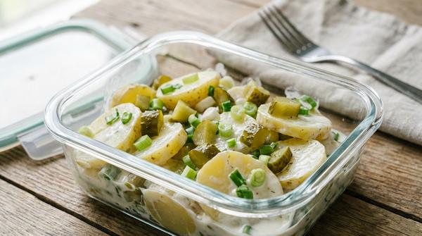 Cremiger Kartoffelsalat mit Joghurt, Gurken und Frühlingszwiebeln in einer Lunchbox.