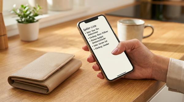 Hand hält Smartphone mit Später-Liste und steckt eine Bankkarte weg, um Impulskäufe zu vermeiden.
