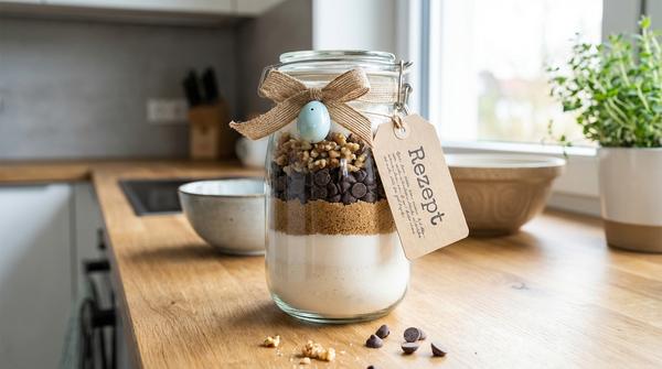 Glas mit geschichteten Keks-Zutaten: Mehl, Zucker, brauner Zucker, Schokodrops und Nüsse, mit Rezeptanhänger.