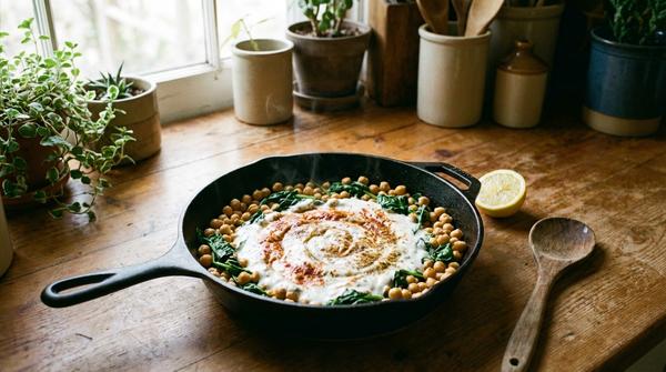 Kichererbsen und Spinat in einer würzigen Pfanne mit cremigem Joghurt.