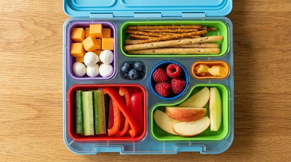 Brotdose im Tapas-Stil mit Käse, Vollkornsnacks, Gemüse und Obst in kleinen Portionen.