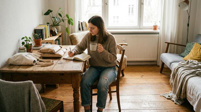 Person schreibt zu Hause eine Später-Liste und startet entspannt mit weniger Konsum im Alltag.