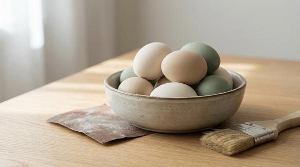 Matte, kreidefarbene Eier in Beige und Salbei in einer Schale auf einem Holztisch.
