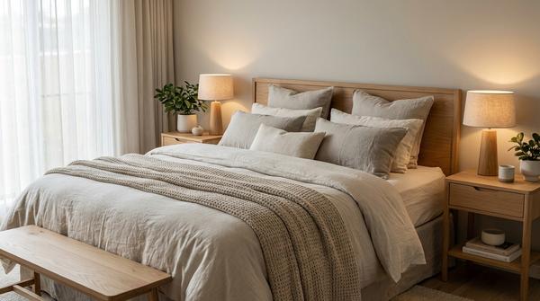 Großer Schlafzimmer-Ausschnitt mit gemütlich geschichtetem Bett aus Leinenbettwäsche, Kissen und Überwurf.