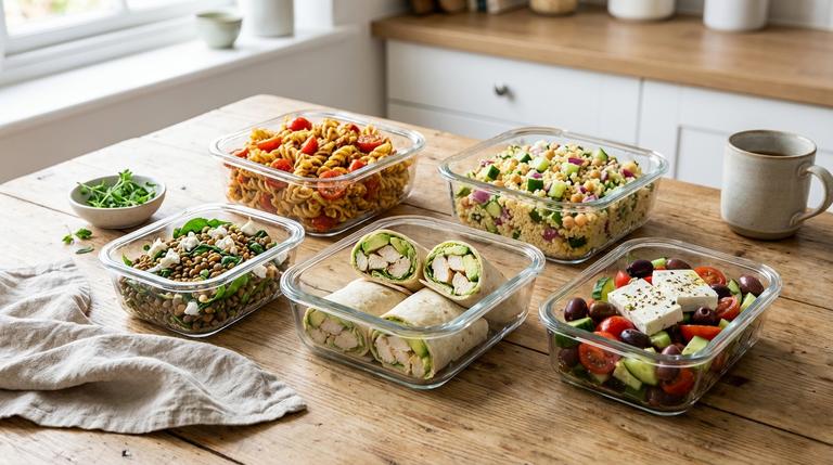Mehrere Meal-Prep-Boxen mit verschiedenen kalten Büro-Lunches auf einem hellen Küchentisch.
