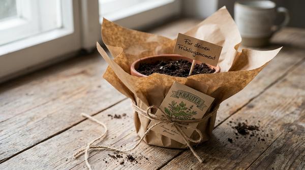 Kleiner Terrakotta-Topf mit Erde, dazu ein Samentütchen und ein kleines Schildchen, schlicht in Kraftpapier verpackt.