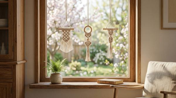 Kleine Makramee-Anhänger mit Holzstab und dezenten Osterdetails hängen vor einem Fenster im Tageslicht.