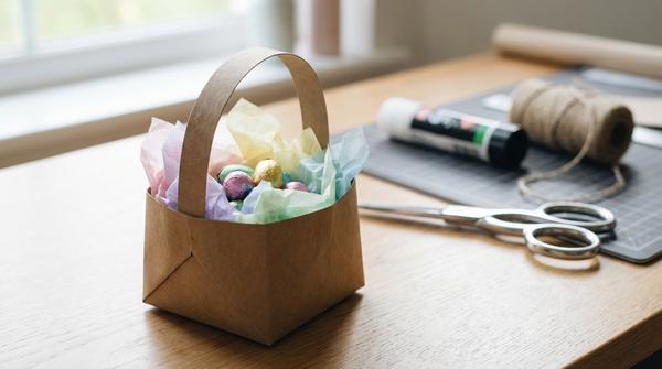 Kleines Osterkörbchen aus Kraftpapier mit Henkel, gefüllt mit Schokoeiern und Seidenpapier, auf einem Basteltisch.