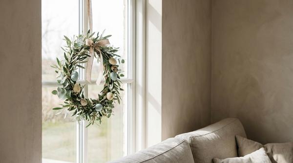 Kleiner Osterkranz mit Grün und mini Eiern hängt an einer Fensterscheibe im Tageslicht.